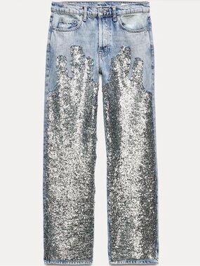 NEW ZARA THE UNEXPECTED SILVER SEQUIN JEANS